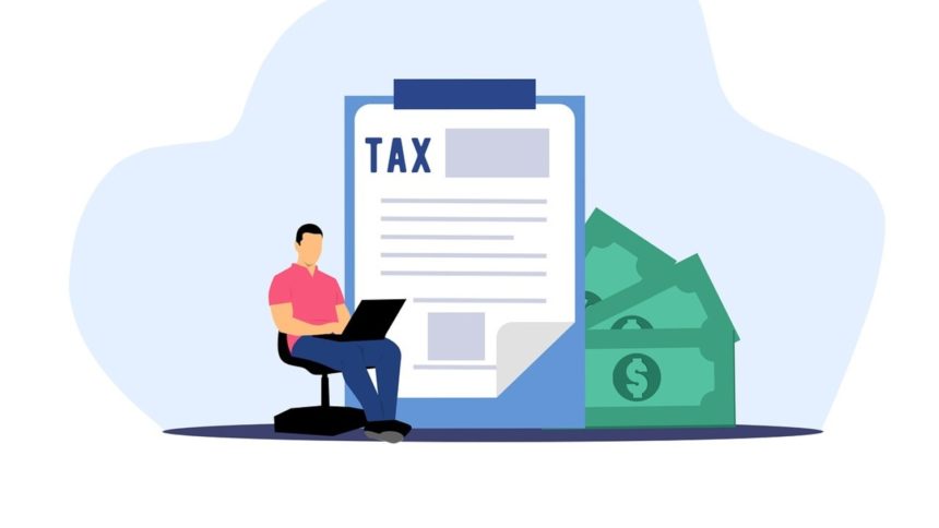 Ilustracija muškarca koji obračunava porez na laptopu (kako kladionice plaćaju porez)